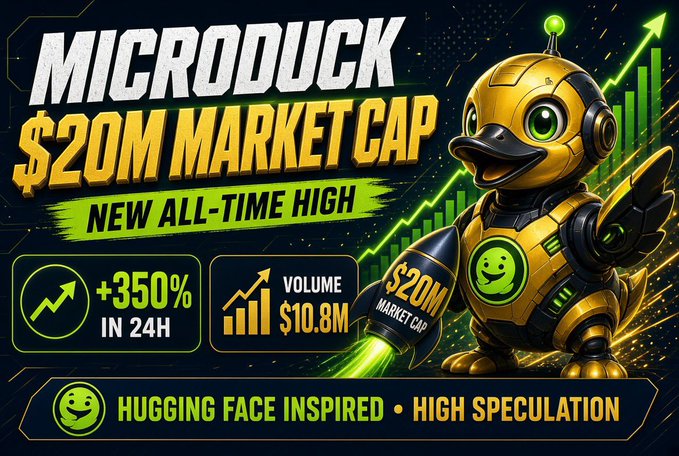 A promotional graphic for 'MICRODUCK' cryptocurrency featuring a robot duck mascot, showing '$20M MARKET CAP NEW ALL-TIME HIGH', '+350% IN 24H', 'VOLUME $10.8M', with text 'HUGGING FACE INSPIRED • HIGH SPECULATION'.