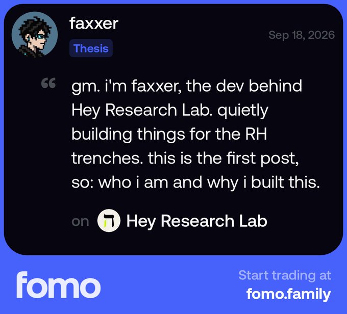 A social media post by user 'faxxer' on Thesis introducing themselves as the developer behind Hey Research Lab, posted Sep 18, 2026, with branding for 'fomo' and 'Start trading at fomo.family' below.