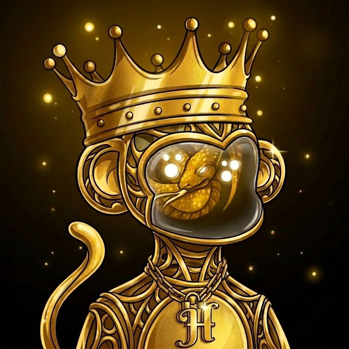 A stylized digital illustration of a regal cobra snake wearing an ornate golden crown, with glowing eyes set against a dark background with floating golden particles.