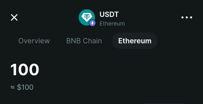 A cryptocurrency wallet interface displays a balance of 100 USDT (approximately $100) on the Ethereum network.