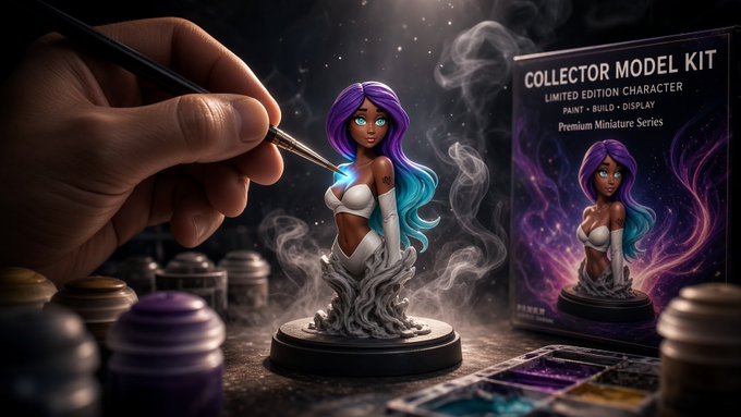 A hand paints a miniature figurine of a purple-haired anime character, displayed next to its 'Collector Model Kit' box from the Premium Miniature Series.