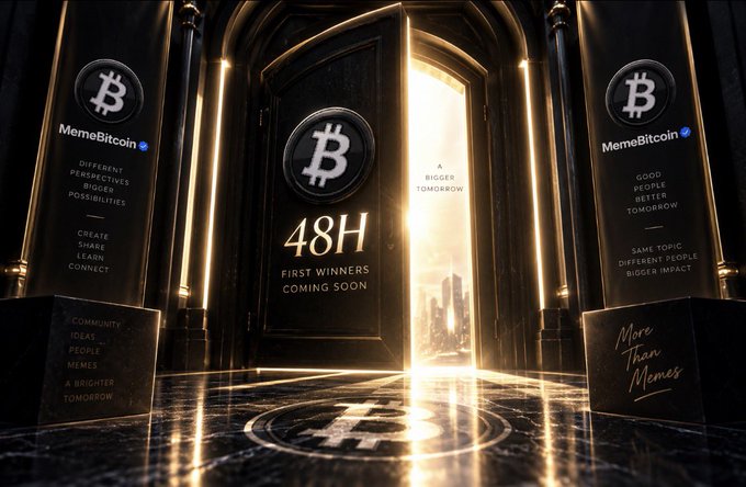 A dramatic promotional image for MemeBitcoin featuring golden pillars and a central doorway displaying the Bitcoin logo with text reading '48H FIRST WINNERS COMING SOON' alongside slogans like 'A BRIGHTER TOMORROW' and 'More Than Memes'.
