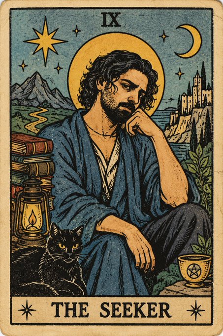 Tarot card illustration titled 'THE SEEKER' (IX) depicting a contemplative man with curly hair in blue robes, accompanied by a black cat, with celestial symbols (sun, moon, stars) and a castle in the background.