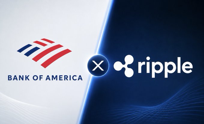 A split graphic featuring the Bank of America logo on the left and the Ripple logo on the right, separated by an "X" symbol, visually representing the rumored potential partnership between the two companies and fueling speculation about institutional blockchain adoption.