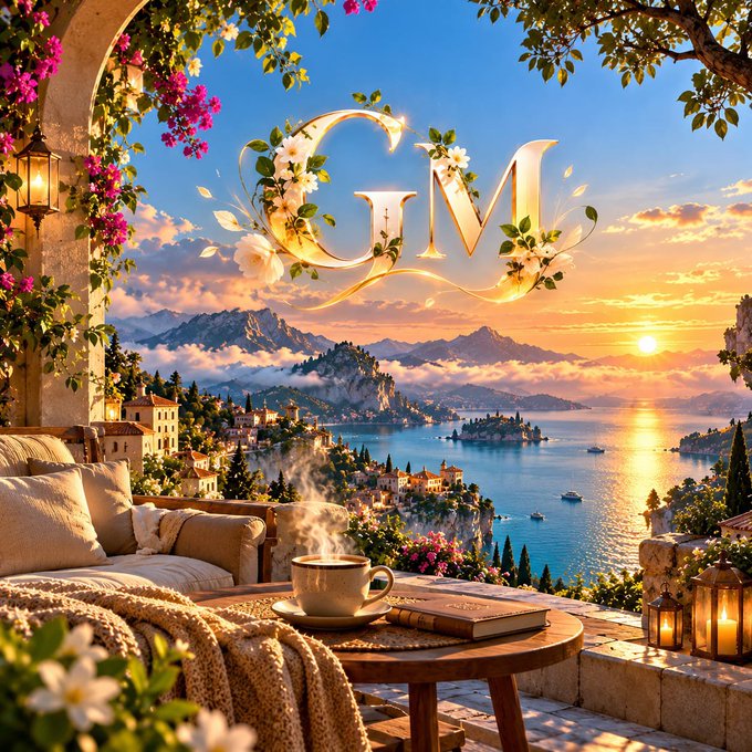 An illustrated promotional image showing a golden "CM" logo with floral details above a Mediterranean coastal landscape at sunset, viewed from a terrace with a coffee cup, book, and candles on a table.