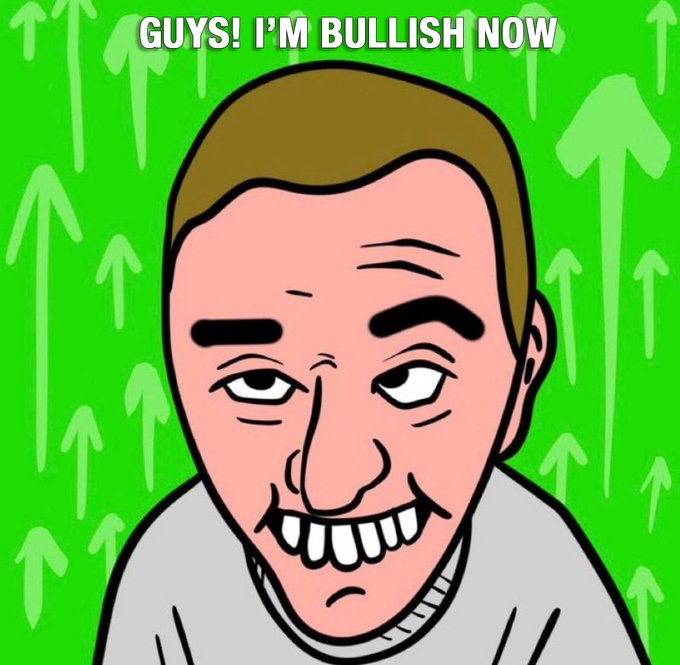 A cartoonish grinning man with text above him reading 'GUYS! I'M BULLISH NOW' against a green background filled with upward-pointing arrows.