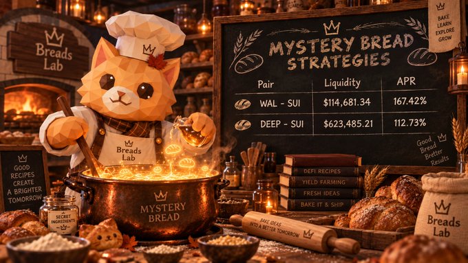A digital illustration shows an orange cat chef in a white hat and apron labeled 'Breads Lab' stirring a glowing pot labeled 'MYSTERY BREAD', with a chalkboard displaying 'MYSTERY BREAD STRATEGIES' and financial data for pairs 'WAL - SUI' at '$114,681.34' with '167.42% APR' and 'DEEP - SUI' at '$623,485.21' with '112.73% APR'.