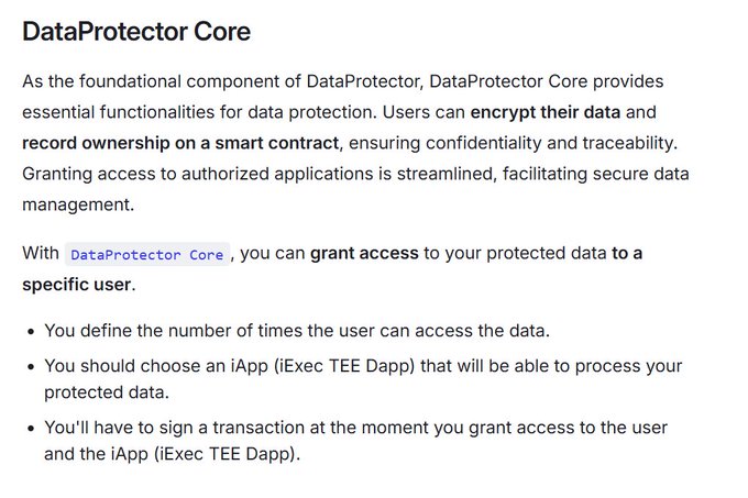 A documentation page titled “DataProtector Core” explains encrypting data, recording ownership on a smart contract, limiting user access, choosing an iApp, and signing transactions.