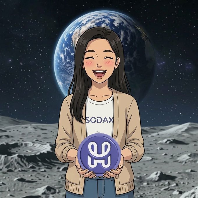 Anime-style illustration of a smiling woman wearing a sweater labeled "SCDAX" holding a purple coin with a logo, set against a background of the Earth and moon.