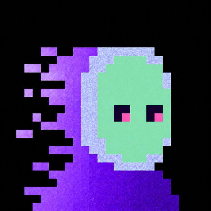 A pixel art style image showing a green alien-like figure with pink glowing eyes emerging from or surrounded by a purple portal-like structure against a black background.