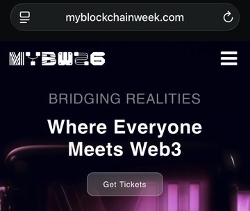 The image shows the Malaysia Blockchain Week (myblockchainweek.com) website homepage with the headline "BRIDGING REALITIES: Where Everyone Meets Web3" and a "Get Tickets" button. It relates to the post by promoting the #MYBW Main Event, where Malaysia Ape Club members can DM to secure limited FCFS tickets to the conference.