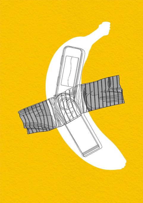 An abstract graphic design on a textured yellow background features a white silhouette overlaid with a black-and-white sketched phone and a plaid ribbon.