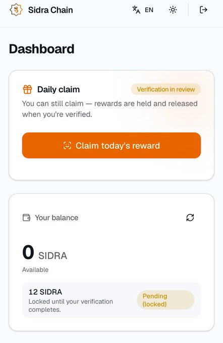 A screenshot of the Sidra Chain dashboard shows a "Verification in review" status on the Daily Claim section, with 0 SIDRA available and 12 SIDRA pending and locked until verification completes, illustrating the user's experience while still on the KYC waiting list.