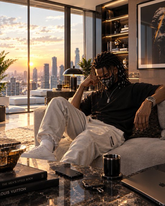 A man with dreadlocks and a black bandana lounges on a couch in a luxury apartment overlooking a city skyline at sunset, with books like 'THE MEN'S STYLE BOOK' and 'LOUIS VUITTON' on the marble table.
