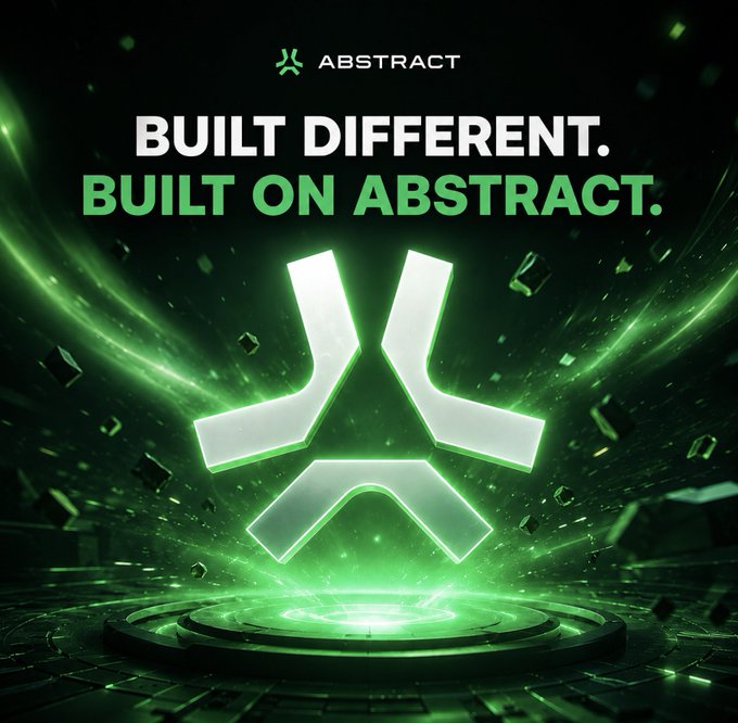 A glowing green Abstract logo hovers above a high-tech platform with the bold text "BUILT DIFFERENT. BUILT ON ABSTRACT," visually reinforcing the post's message of unwavering support for the AbstractChain team despite doubts about the project's future.