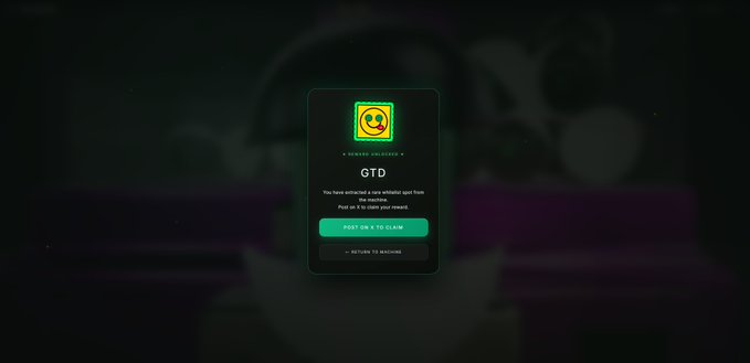 A digital interface with a green and yellow logo displays the text "GTD" and "POST ON X TO CLAIM" over a dark blurred background.