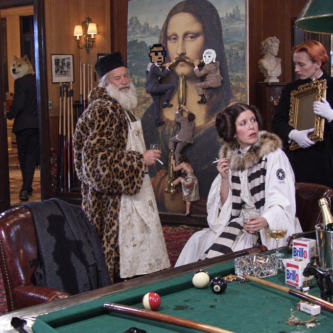 A surreal collage-style image featuring Mona Lisa with small figures appearing on her face, while a man in a leopard print robe stands nearby and Princess Leia sits at a pool table.