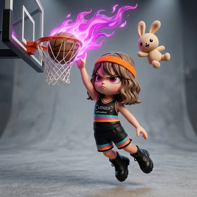 The image features a cartoon girl playing basketball, attempting to shoot the ball into the hoop while wearing an orange headband. The girl's character has a pink flamingo tail that matches her headband color. In the background, there are two stuffed animals - one rabbit and one teddy bear. A caption below the image reads "slam dunking with self-custody @Ledger wins the night".