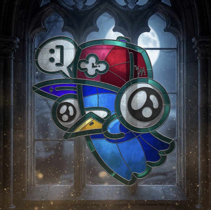 A stained-glass window depiction of a cartoonish blue bird character wearing a red cap with 'MM' inscription, set within a gothic stone window frame with a glowing moon in the background.