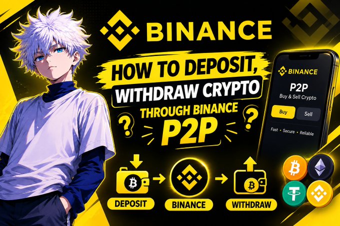 A YouTube-style thumbnail features an anime character alongside text reading 'BINANCE HOW TO DEPOSIT, WITHDRAW CRYPTO THROUGH BINANCE P2P', showing icons for the deposit and withdraw process.