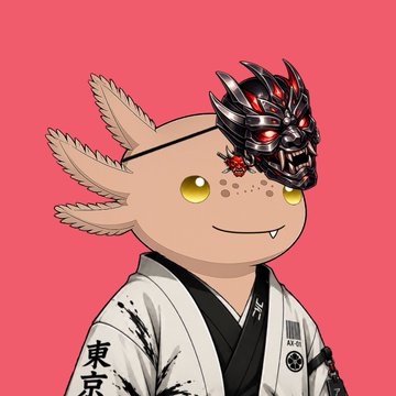 A cartoon illustration of an axolotl character wearing a white robe with '東京' (Tokyo) written on it and a black and red demon mask on its head, against a pink background.