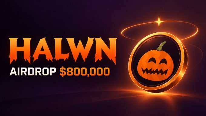 The image promotes a "$800,000 HALWN Airdrop" with bold orange Halloween-themed text and a glowing jack-o'-lantern coin emblem, visually supporting the post's claim of a massive token giveaway tied to the upcoming April 10th listing on major exchanges like Binance, Bybit, and OKX.