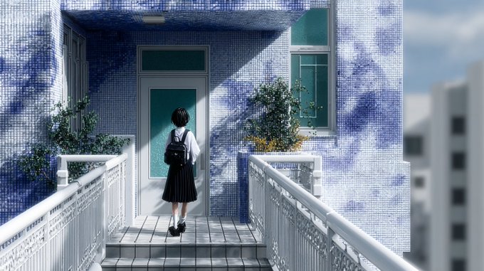 An anime-style image of a schoolgirl with a backpack standing at a blue-tiled door entrance on a walkway.