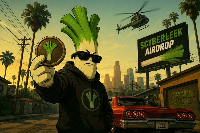 A leek-headed figure wearing sunglasses and a CyberLeek hoodie holds up a branded coin in front of a sunlit Los Angeles skyline, with a billboard reading "$CYBERLEEK AIRDROP" and a helicopter circling overhead. A red muscle car displays a "LEEK" license plate, reinforcing the crypto meme's aggressive, fast-paced marketing push tied to the 270M token burn and upcoming airdrop teased in the post.