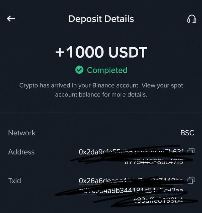 A Binance deposit confirmation screen showing a completed deposit of +1000 USDT via the BSC network, with the wallet address and transaction ID partially redacted. This likely serves as proof of the author's claim about finding "hidden alpha" in Web3, where one early opportunity earned them a substantial crypto payout.