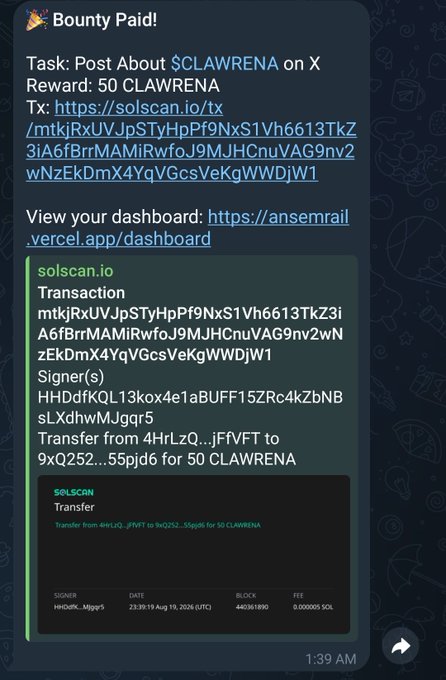 A Telegram message displaying a 'Bounty Paid!' notification shows a completed task to post about $CLAWRENA on X, with a 50 CLAWRENA reward and a Solana blockchain transaction confirmation on solscan.io.