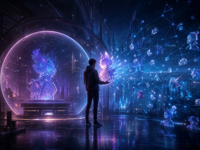 A futuristic digital artwork showing a person in a hoodie interacting with a glowing, holographic blue and purple phoenix within a large spherical display, surrounded by floating crystalline fragments and network nodes.
