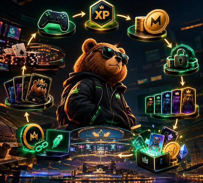 An illustration of a bear wearing sunglasses and a jacket stands amid floating gaming and crypto elements including controllers, poker chips, cards, XP, coins, NFT tokens, and a treasure chest, with a stadium scene in the background.