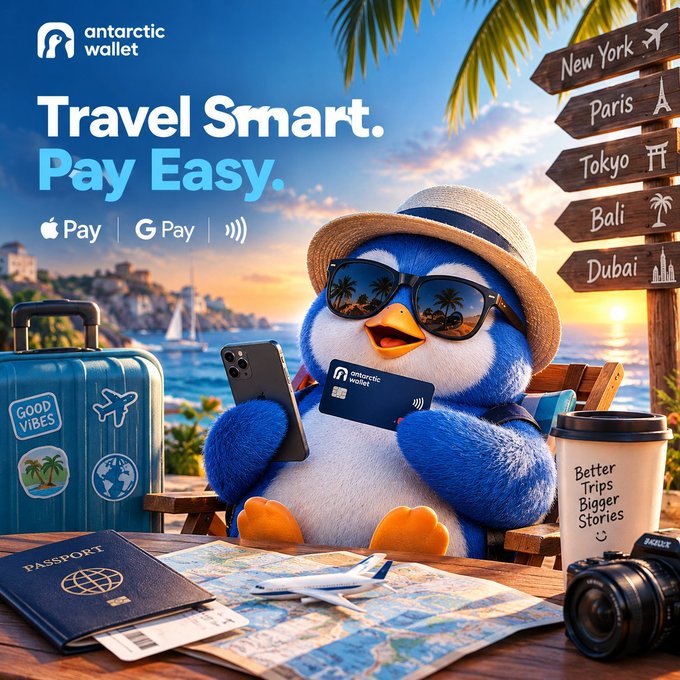 A promotional advertisement for "Antarctic Wallet" featuring a cartoon penguin wearing sunglasses and a sun hat, holding a phone and credit card, with the tagline "Travel Smart. Pay Easy." alongside a suitcase and tropical destination signs.