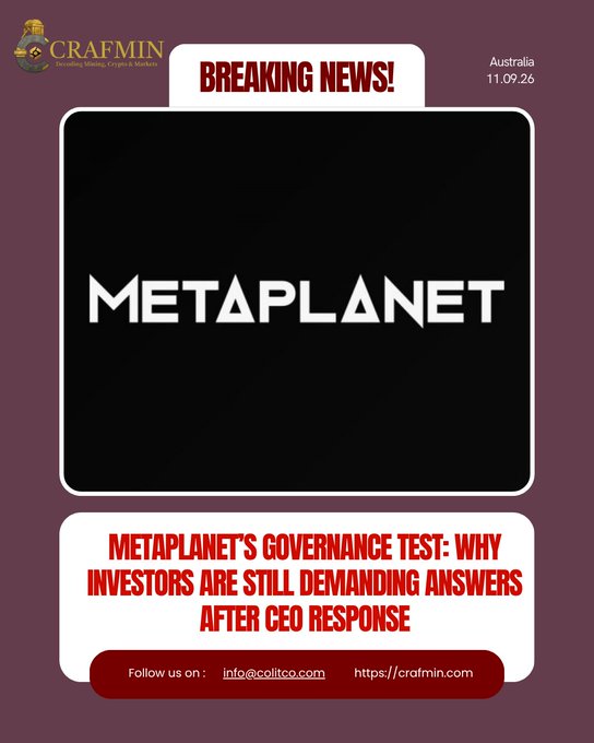 A 'BREAKING NEWS!' graphic features the logo for 'METAPLANET' with the headline 'METAPLANET'S GOVERNANCE TEST: WHY INVESTORS ARE STILL DEMANDING ANSWERS AFTER CEO RESPONSE' and CRAFMIN branding.