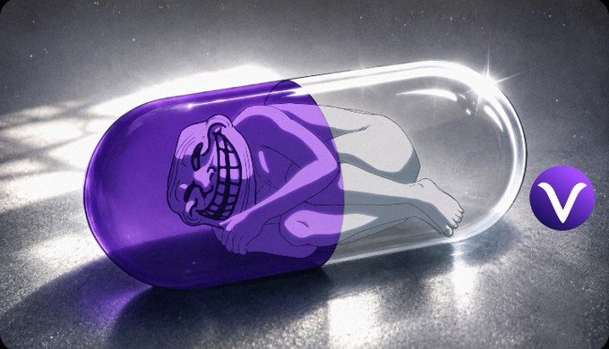 This digital illustration features a large purple and clear capsule containing a "Trollface" character, representing the $TROLL token mentioned in the post. The image visually symbolizes the $TROLL cryptocurrency being "packaged" or held through the @Velvet_Capital platform.
