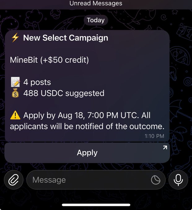 A Telegram notification from "New Select Campaign" offers a MineBit sponsorship with a +$50 credit, requiring 4 posts and suggesting 488 USDC in payment, with applications due by Aug 18, 7:00 PM UTC. The image directly illustrates the post's question about whether 4 posts for $488 is worth accepting or passing on.