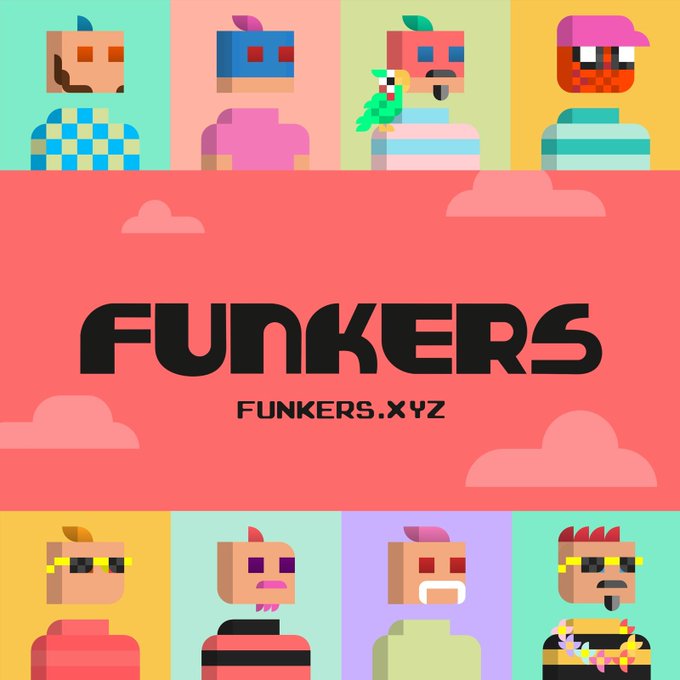 A promotional graphic for 'FUNKERS' displays the text 'FUNKERS.XYZ' alongside various pixelated, blocky character avatars against pastel-colored panels.