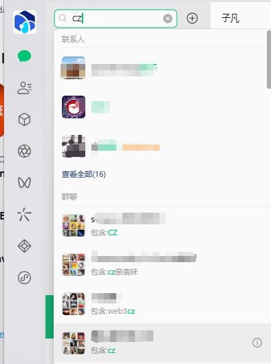 A Chinese messaging app (Telegram) sidebar search interface showing results for 'cz', displaying contacts and group chats containing 'cz' in their names.