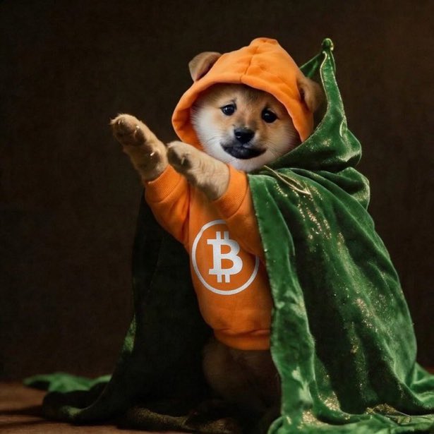 A Shiba Inu dog wearing an orange hoodie with the Bitcoin logo and a green cape, posed dramatically against a dark background.