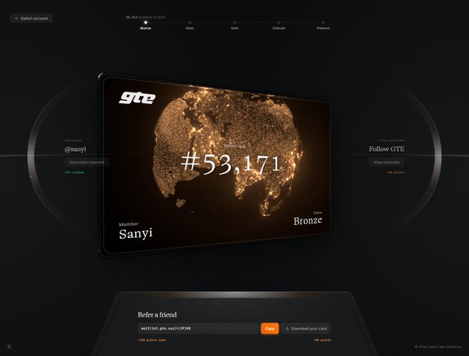 A dark-themed user interface for a service called 'gte', showing a rank of '#53,171' as 'Bronze' member 'Sanyi', with a glowing particle globe design and tabs for recent activity.