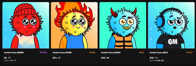 Four cartoon NFT character cards from "Urchin Frens," showing a red, a flame-headed yellow, a blue horned, and a blue fuzzy character, with various prices and listings such as #5099 ($5.77) and #622 ($36.71).