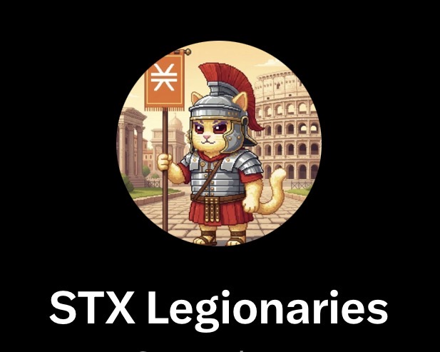 A chibi-style cat dressed as a Roman legionary holds an "STX" banner in front of the Colosseum, with the caption "STX Legionaries" displayed below—evoking a call-to-arms for supporters of the Stacks (STX) cryptocurrency project.