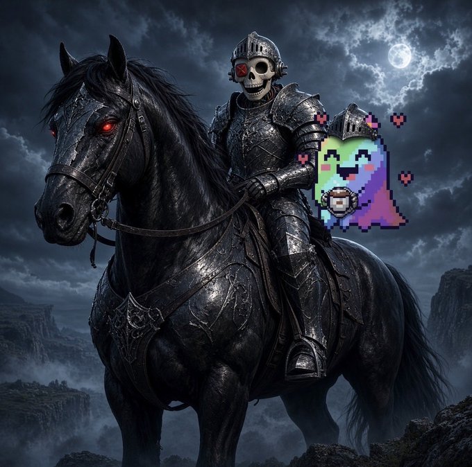 A dark fantasy digital artwork of a skeletal knight in black armor riding a black horse with glowing red eyes under a full moon, accompanied by a pixel-art rainbow heart shield.