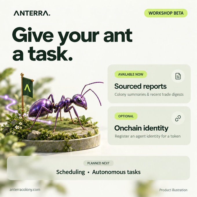 A promotional graphic for 'ANTERRA' titled 'Give your ant a task,' featuring a purple ant figurine with a flag, and listing features like 'Sourced reports' (available now) and 'Onchain identity' (optional), with 'Workshop Beta' tagged.