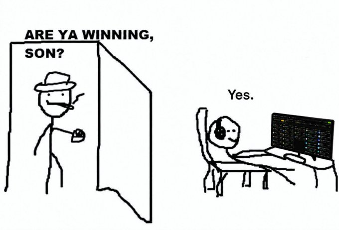 A black-and-white comic strip shows a stick figure father in a hat smoking and asking 'ARE YA WINNING, SON?' while a boy at a computer replies 'Yes.'
