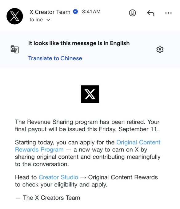 An email from the X Creator Team announces the retirement of the Revenue Sharing program and introduces the Original Content Rewards Program.