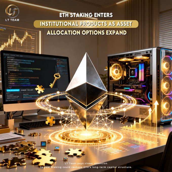 A polished promotional graphic featuring a holographic Ethereum logo at the center of a workstation with a glowing RGB-lit PC tower, a monitor displaying code, and scattered golden puzzle pieces, branded with "LT Team" and headlines reading "ETH STAKING ENTERS INSTITUTIONAL PRODUCTS AS ASSET ALLOCATION OPTIONS EXPAND." The image visually reinforces the post's message about growing institutional ETH staking, with on-screen text noting "LT Team pays closer attention to how staking could reshape ETH's long-term capital structure."