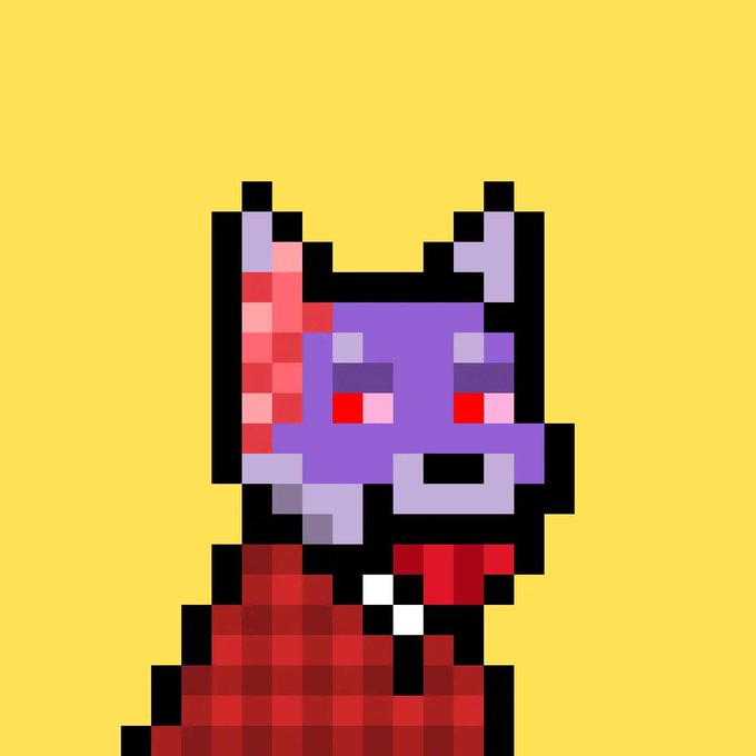 This is a pixelated image of a purple dog-like creature with red eyes, wearing a red plaid blanket or cape, set against a yellow background. It directly relates to the post, visually representing the "Doginal Dog" mentioned.