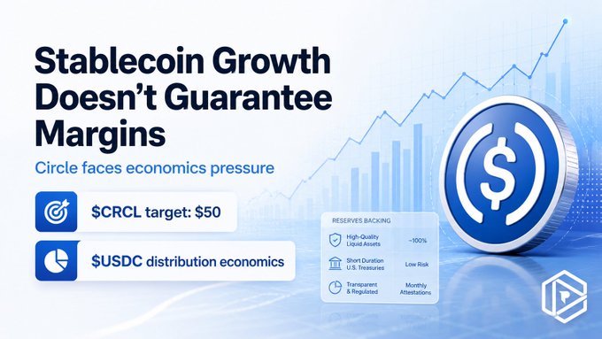 A graphic titled 'Stablecoin Growth Doesn't Guarantee Margins' with the subtitle 'Circle faces economics pressure,' listing a $CRCL target of $50 and mentioning USDC distribution economics with ~100% high-quality liquid assets reserves.