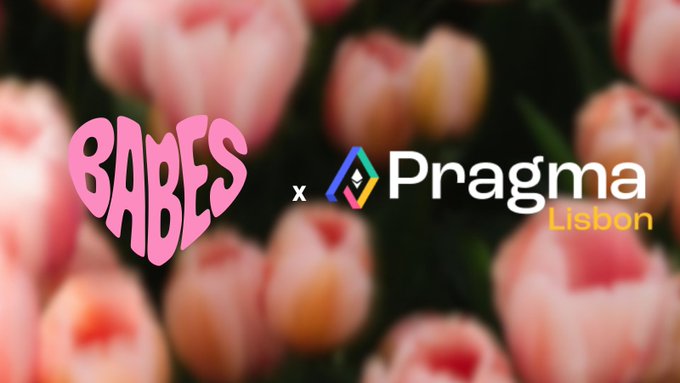 A promotional banner with a pink tulip flower background announcing a partnership between 'BABES' and 'Pragma Lisbon' logos.